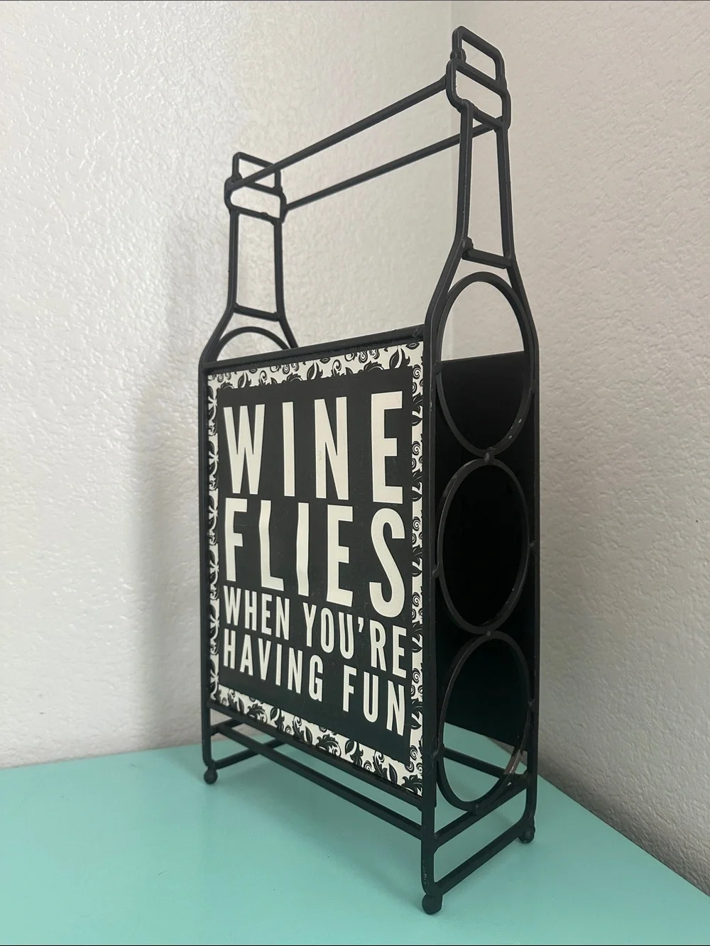 Wine Bottle Rack Décor ‘Wine Flies When You’re Having Fun’-used-good condition